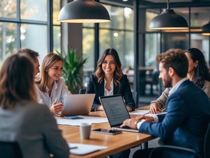 Facilitator guiding a small group of leaders through financial diagrams